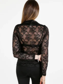 Daystar Maglietta donna a maniche lunghe in pizzo con arricciatura - nero
