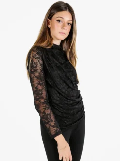 Daystar Maglietta donna a maniche lunghe in pizzo con arricciatura - nero