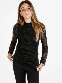 Daystar Maglietta donna a maniche lunghe in pizzo con arricciatura - nero