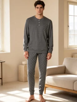 De Fonseca Pigiama lungo da uomo in cotone interlock con taschino