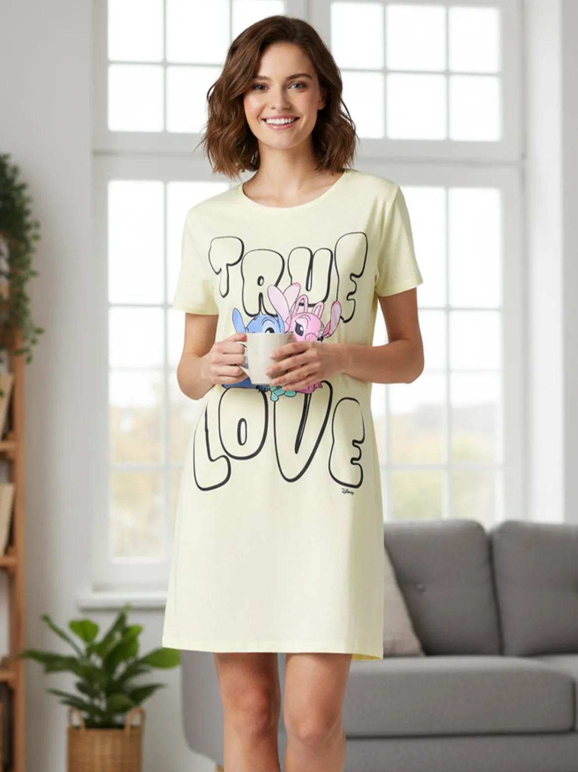 Disney Lilo & Stitch Maxi t-shirt da donna in cotone a maniche corte con stampa disegno - giallo