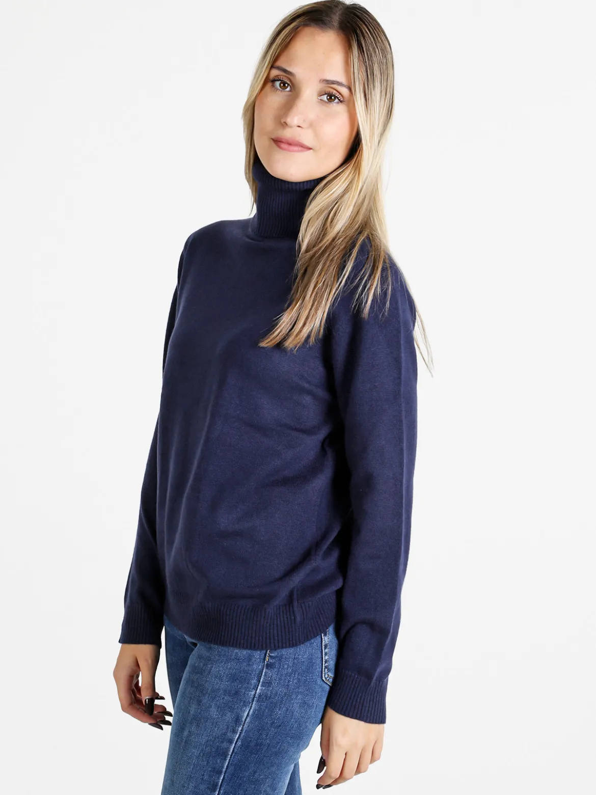 Dolce & Trendy Pullover donna dolcevita in maglia - blu scuro