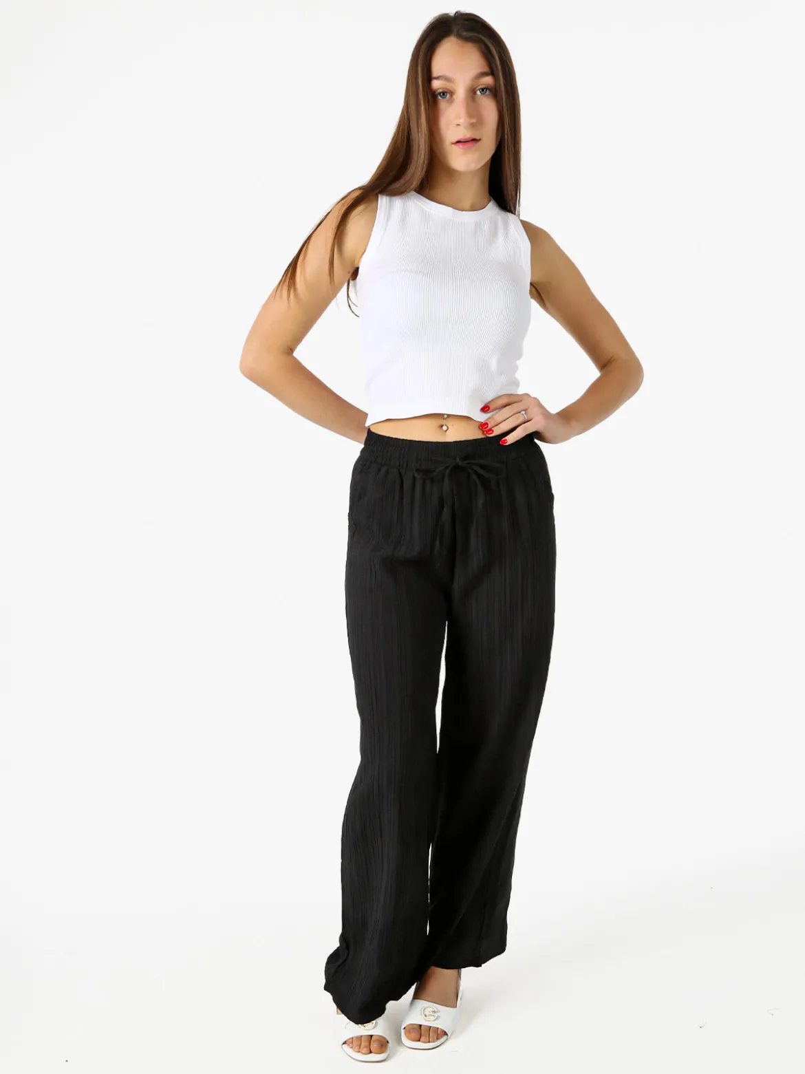 Eletta Pantaloni donna a palazzo con coulisse - nero