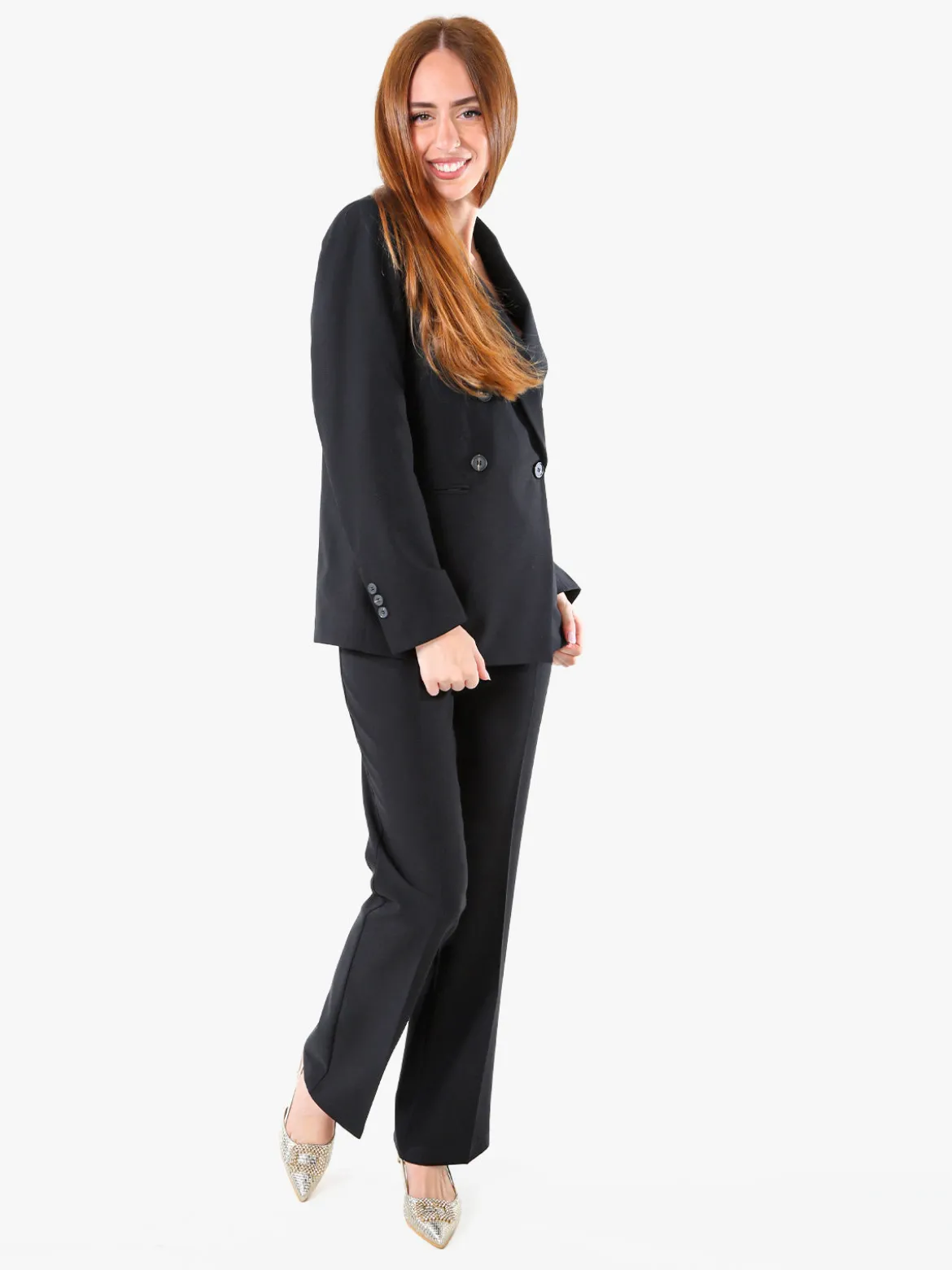 Fast Fashion Completo elegante da donna con blazer a doppiopetto e pantaloni a gamba dritta - nero