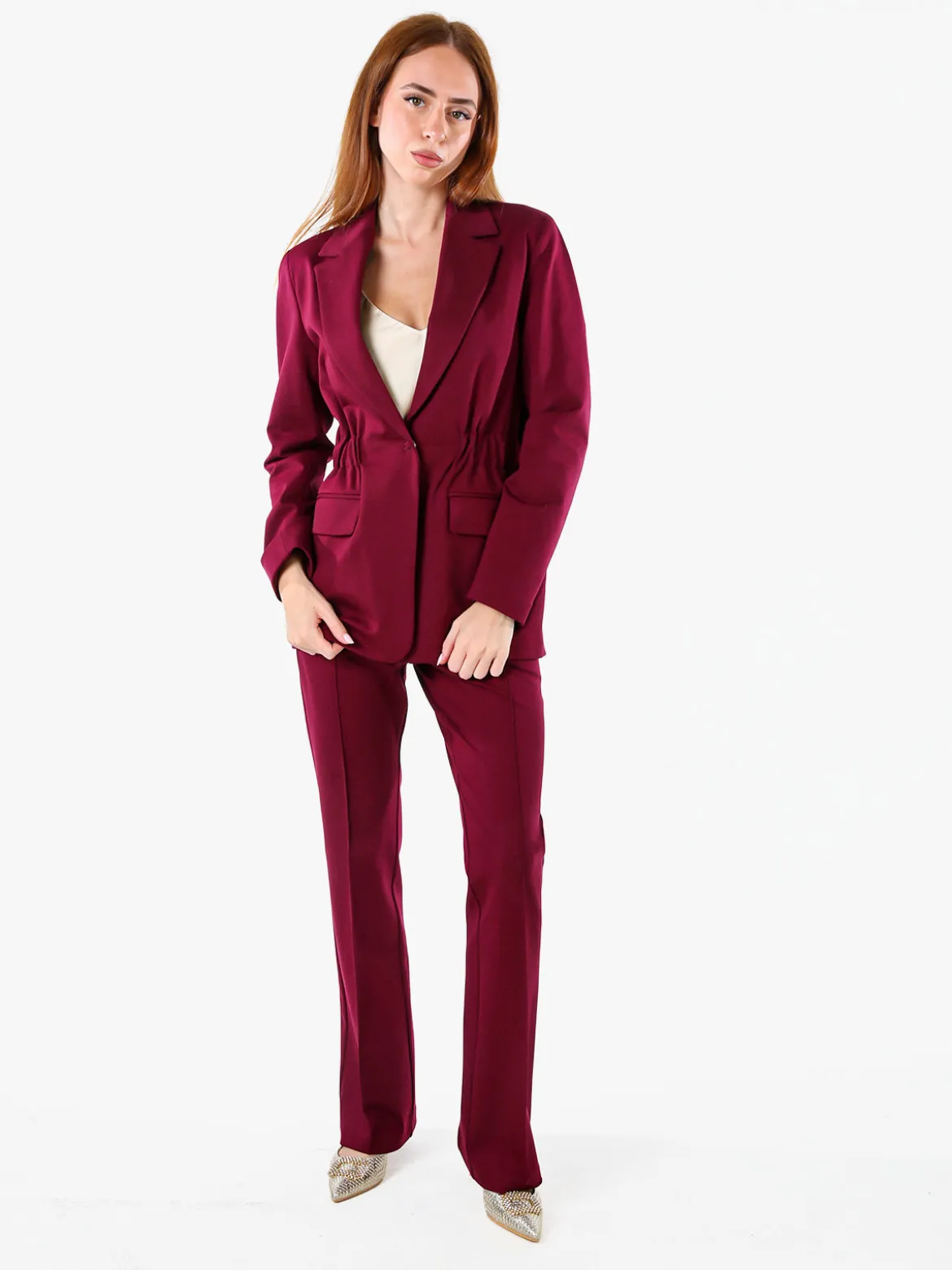 Fast Fashion Completo elegante da donna con blazer e pantaloni con finale a zampa - bordeaux