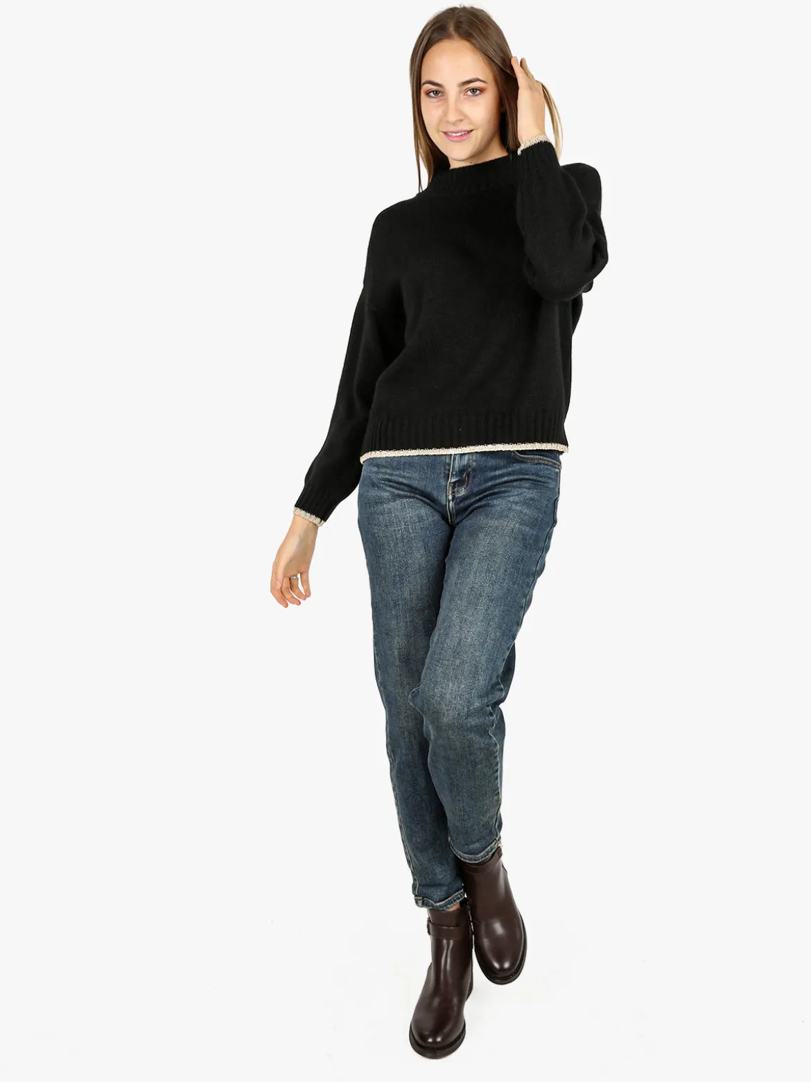Fh Maglione donna in misto lana con dettaglio lurex - nero