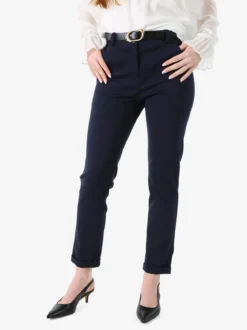 Frenetika Pantaloni donna a gamba dritta con risvolto sul finale e cintura - blu scuro