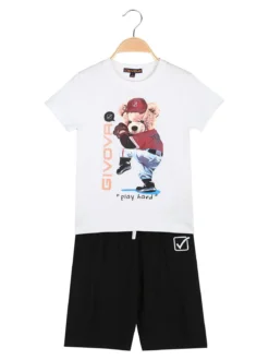 Givova Completo corto da bambino in cotone con t-shirt orsacchiotto e bermuda - bianco