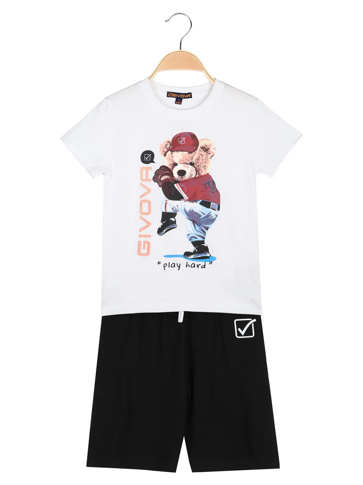 Givova Completo corto da bambino in cotone con t-shirt orsacchiotto e bermuda - bianco