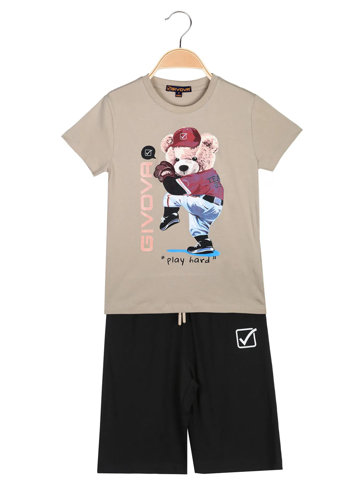 Givova Completo corto da bambino in cotone con t-shirt orsacchiotto e bermuda - sabbia