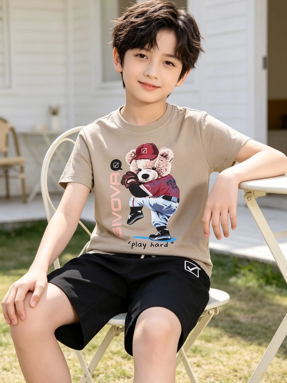 Givova Completo corto da bambino in cotone con t-shirt orsacchiotto e bermuda - sabbia