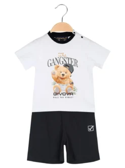 Givova Completo corto da neonato in cotone con t-shirt orsacchiotto e shorts - bianco