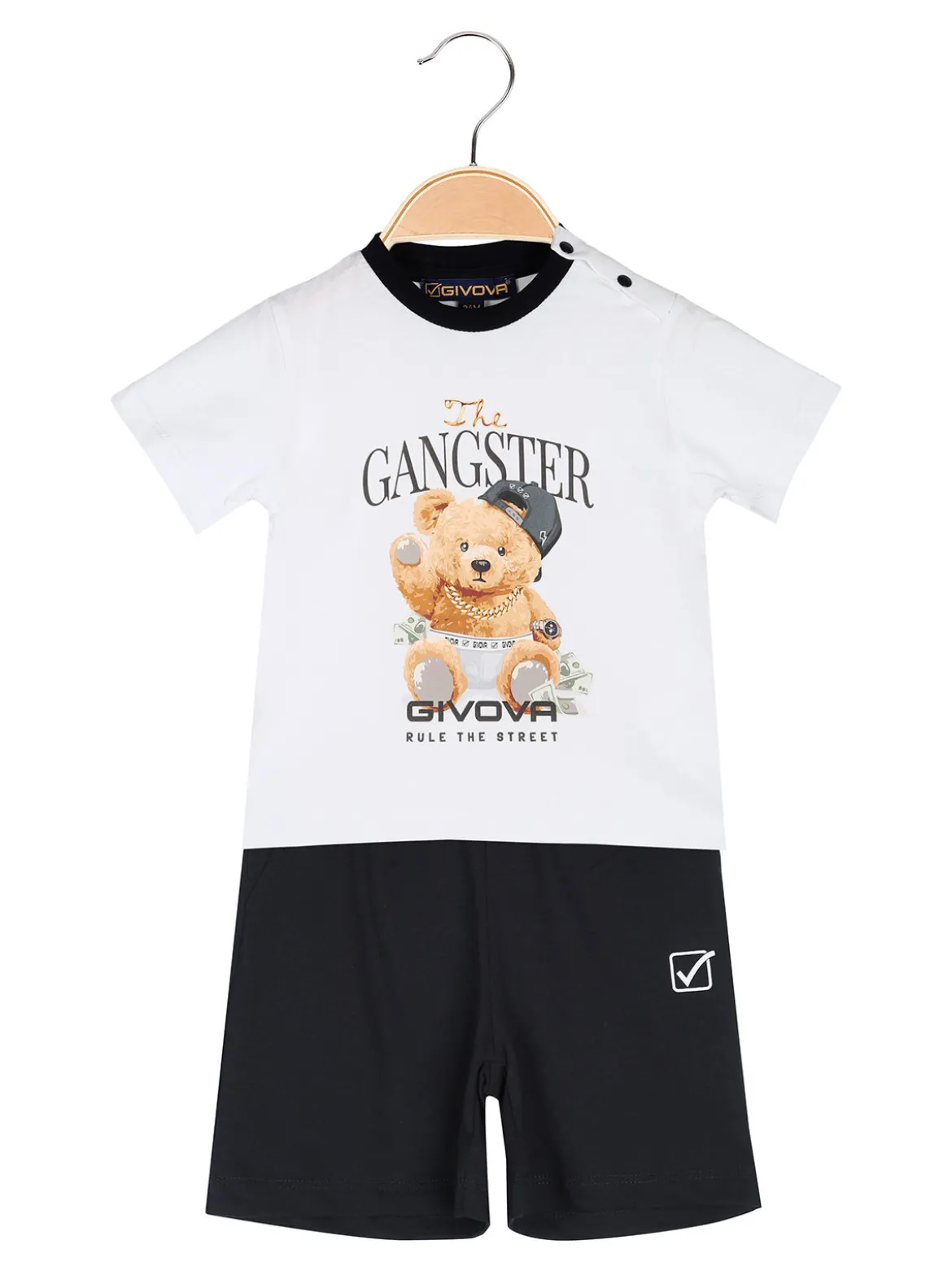 Givova Completo corto da neonato in cotone con t-shirt orsacchiotto e shorts - bianco