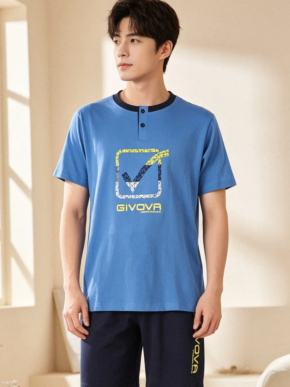 Givova Pigiama corto da uomo in misto cotone con logo - blu