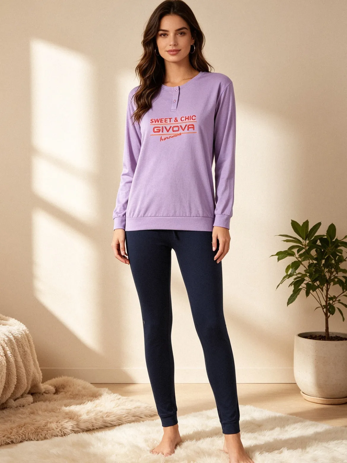Givova Pigiama lungo da donna in misto cotone jersey - lilla