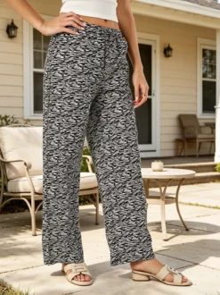 Gladys Pantaloni donna in cotone a gamba larga zebrati con coulisse - nero
