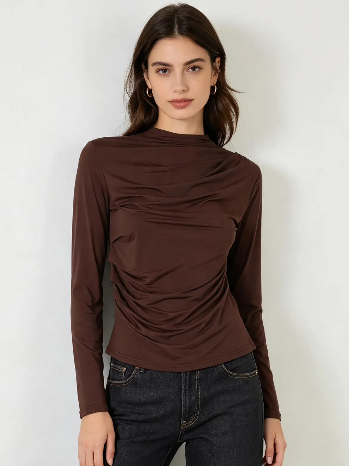 Gondola Blu Maglia donna accollata a maniche lunghe con drappeggio laterale - moro