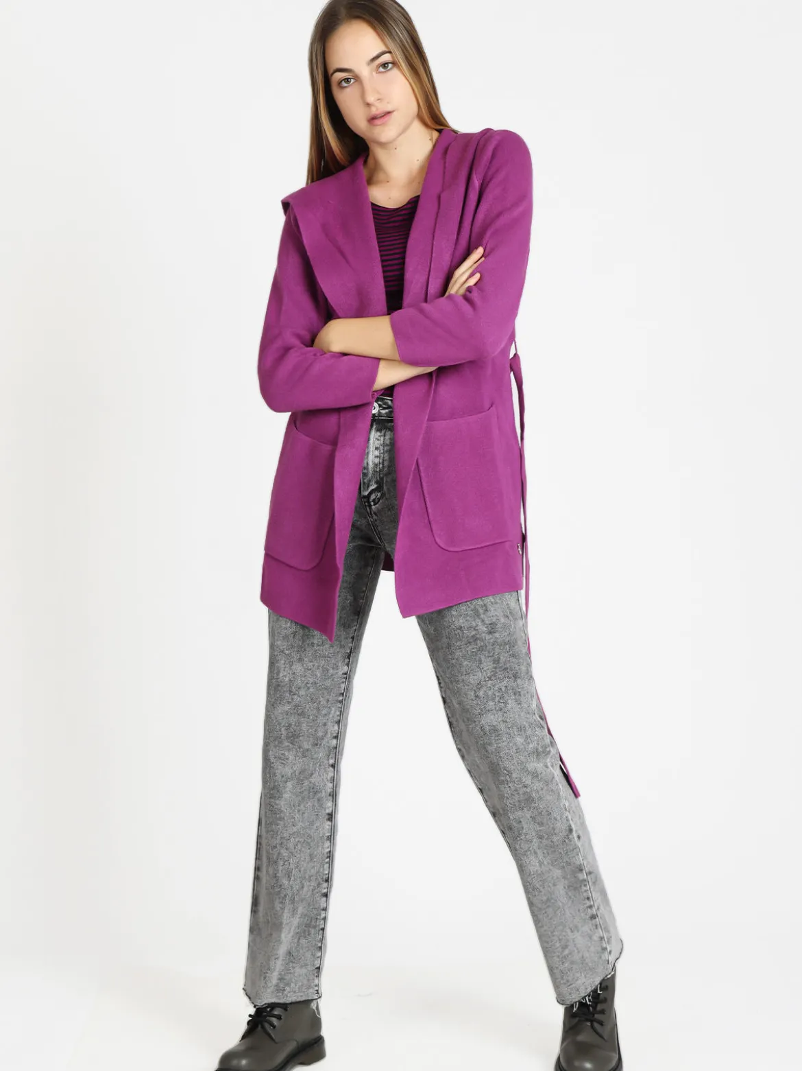 Griffai Spolverino donna in maglia con cappuccio e cintura
