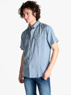Guy Camicia da uomo misto lino a maniche corte