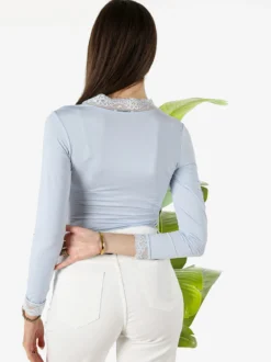 Hdl Milano Top donna a maniche lunghe con dettagli di pizzo - azzurro