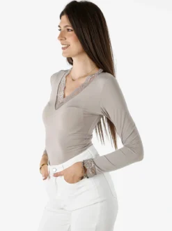 Hdl Milano Top donna a maniche lunghe con dettagli di pizzo - fango