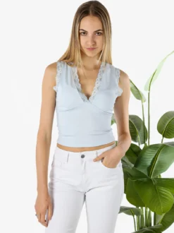 Hdl Milano Top donna elasticizzato con dettagli di pizzo - azzurro