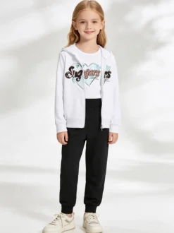 Hope Star Completo tuta da bambina 3 pezzi con paillettes cappuccio e zip - bianco