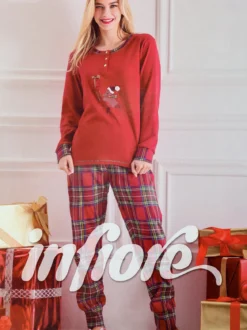Infiore Pigiama di Natale da donna in cotone interlock - rosso