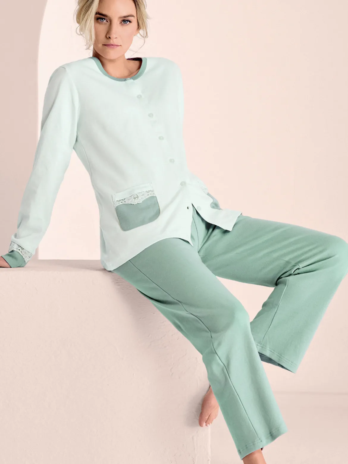 Infiore Pigiama lungo da donna aperto in cotone interlock taglie forti - acqua marina