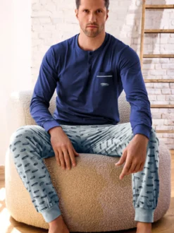Infioreuomo AIRSHIP Pigiama lungo da uomo in cotone jersey con taschino - blu scuro