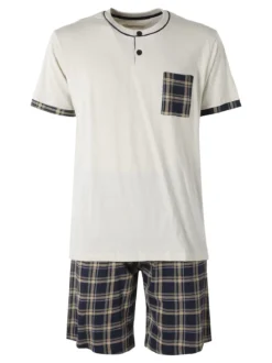 Infioreuomo Pigiama corto da uomo in cotone a quadri - beige