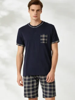 Infioreuomo Pigiama corto da uomo in cotone a quadri - blu scuro