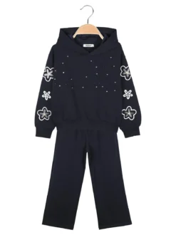 Injuly Completo 2 pezzi da bambina con cappuccio e strass - blu scuro