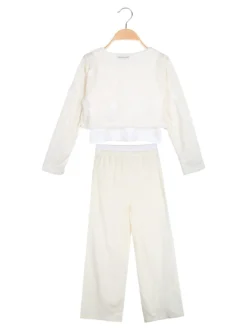 Injuly Completo 3 pezzi da bambina con top traforato e pantaloni misto lino - beige