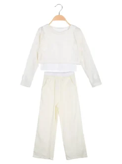 Injuly Completo 3 pezzi da bambina con top traforato e pantaloni misto lino - beige