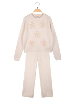Injuly Completo 2 pezzi da bambina in maglia con ricami - beige