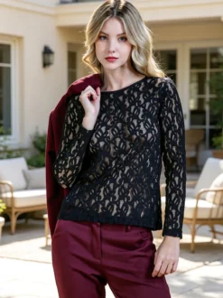Intimami Top donna a maniche lunghe con pizzo - nero