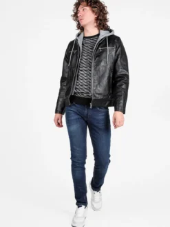 Jeans Yesed Giubbotto da uomo in ecopelle con cappuccio in felpa e interno in pelliccia sintetica