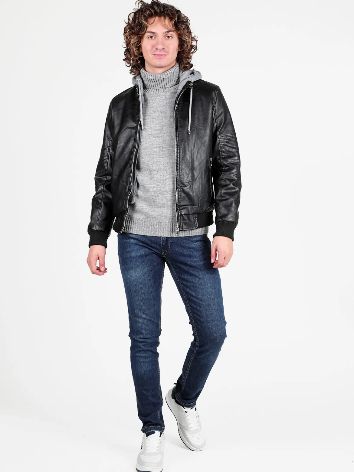 Jeans Yesed Giubbotto da uomo in ecopelle con interno in pelliccia sintetica e cappuccio in felpa