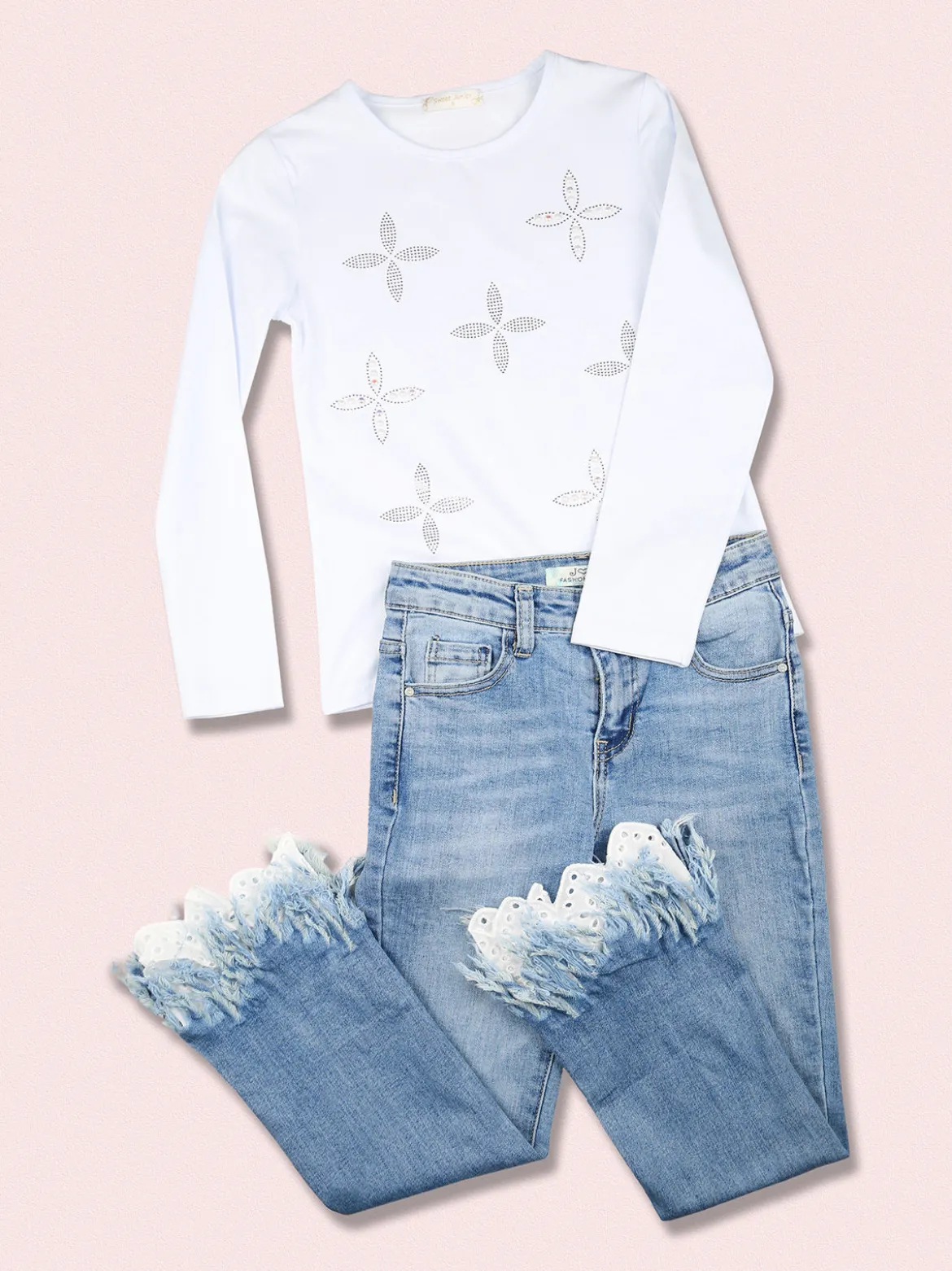 J Y Jeans crop da bambina con finale a zampa sfrangiato in macramè - jeans