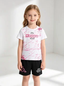 Kappa Completo corto da bambina in cotone con t-shirt e shorts - bianco