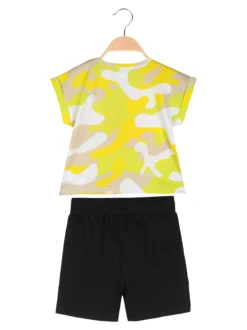 Kappa Completo corto da bambina in cotone con t-shirt mimetica e shorts - giallo