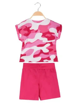 Kappa Completo corto da bambina in cotone con t-shirt mimetica e shorts - fucsia