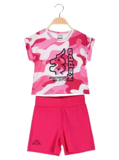 Kappa Completo corto da bambina in cotone con t-shirt mimetica e shorts - fucsia