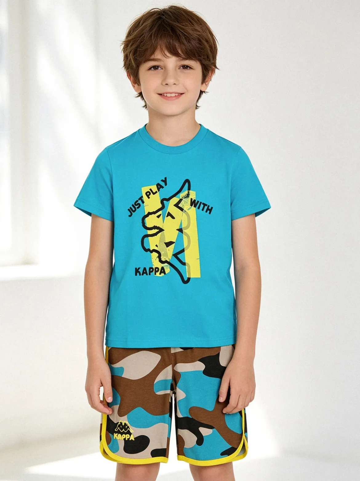 Kappa Completo corto da bambino in cotone con t-shirt e bermuda mimetici - turchese