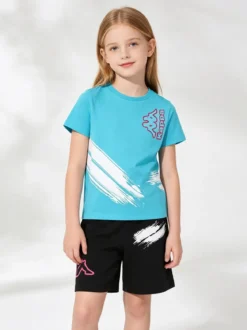 Kappa Completo corto da ragazza in cotone con t-shirt e shorts - turchese