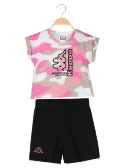 Kappa Completo corto da ragazza in cotone con t-shirt mimetica e shorts - rosa