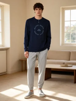 Kappa Pigiama lungo da uomo in cotone con logo - blu scuro