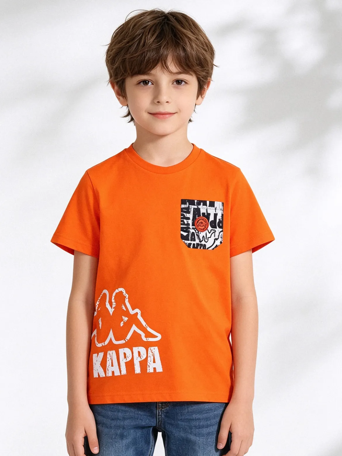 Kappa T-shirt da ragazzo in cotone con taschino e logo - arancione