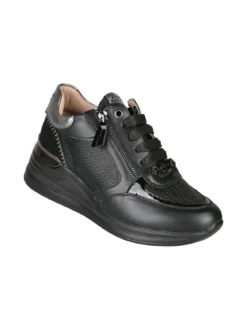 Keys Sneakers donna in pelle con zip e zeppa - nero